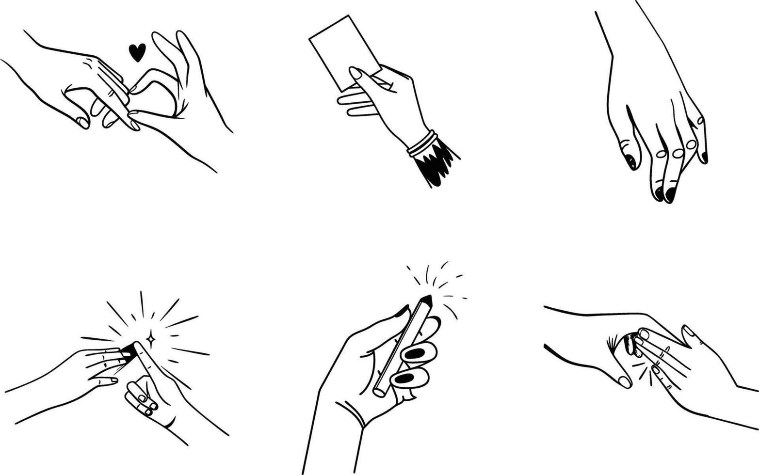 Assortment of hand gestures in black and white line art style vector