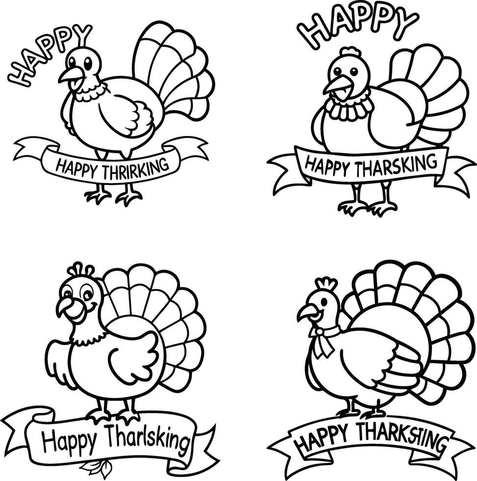 Set of four happy thanksgiving turkey cartoon character outlines design element vector