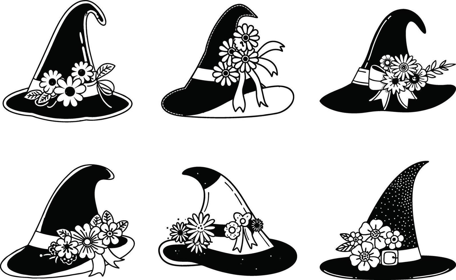 Charming witch hats collection black and white floral accents for halloween designs vector