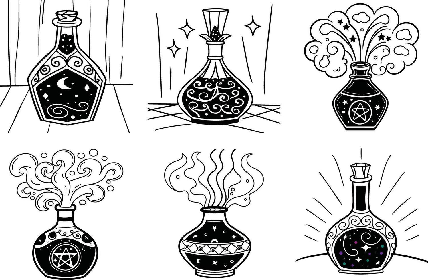 Collection of magical potion bottles black and white hand drawn illustration vector