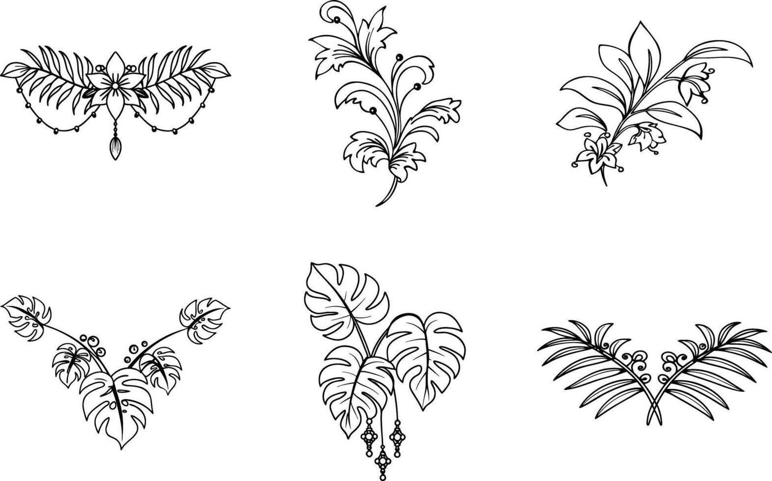 Set of black and white botanical line art designs featuring flowers and tropical leaves vector