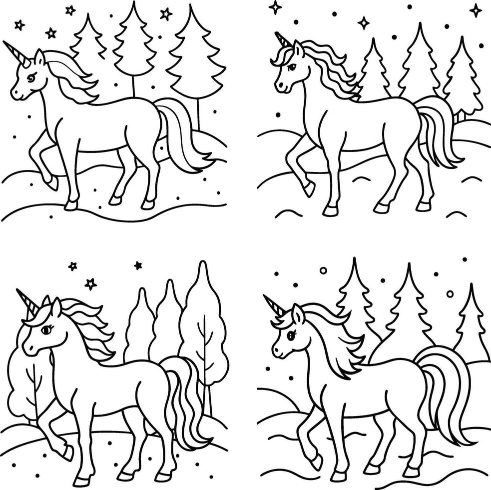 Set of unicorns in a snowy forest line art illustration vector