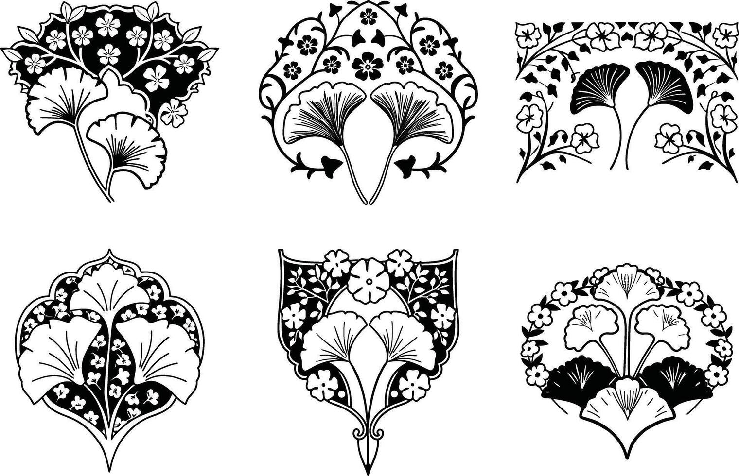 Ginkgo leaf and floral ornament collection black and white vector