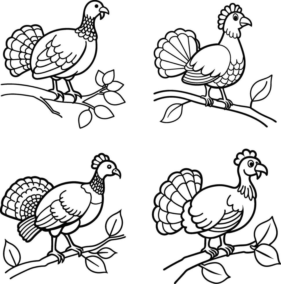 Four turkey illustrations on branches black and white outline drawing set vector