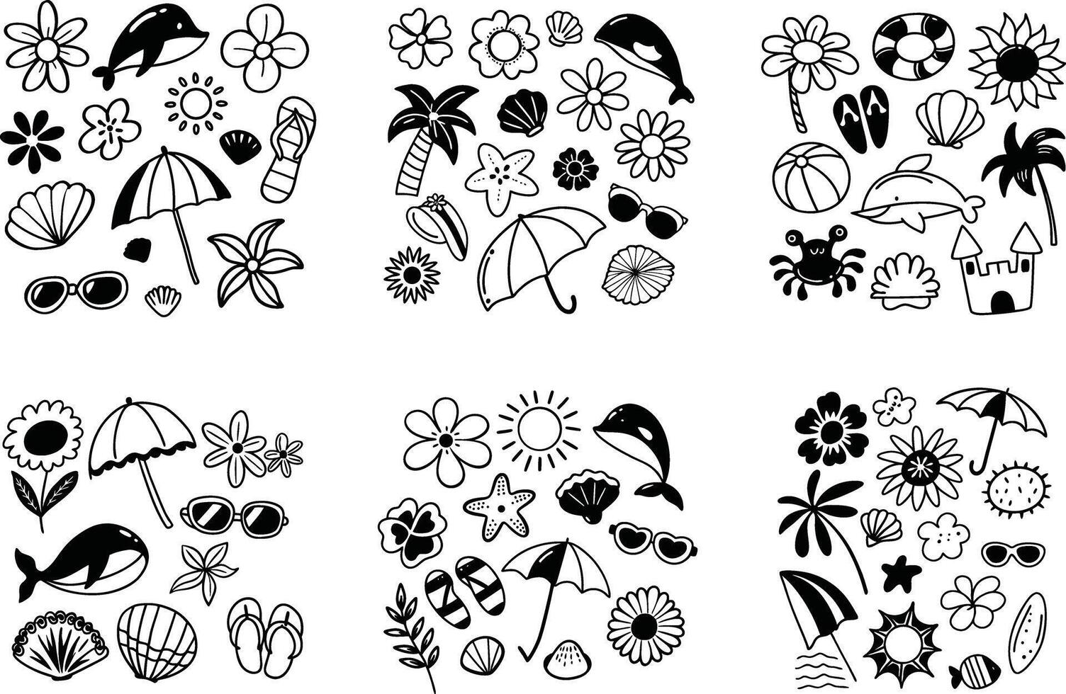 Black and white summer doodle pattern with dolphin,palm tree,umbrella and flowers vector