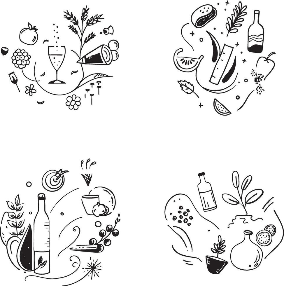 Collection of hand drawn doodles with drink and food elements black and white vector