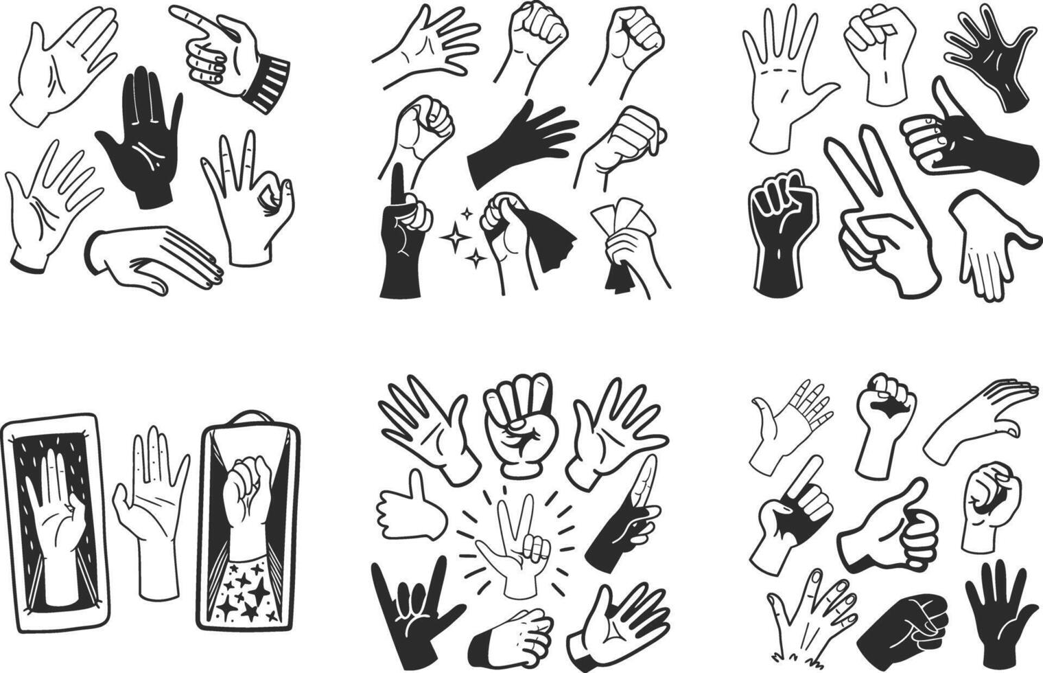 Hand drawn illustration collection of hand gestures and signs vector