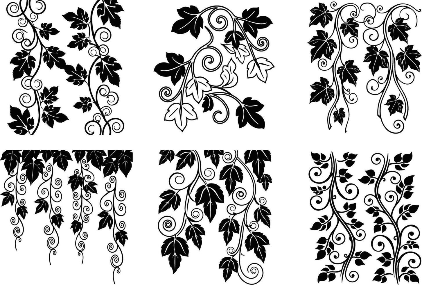 Collection of decorative swirling floral vines and leaves in black and white vector