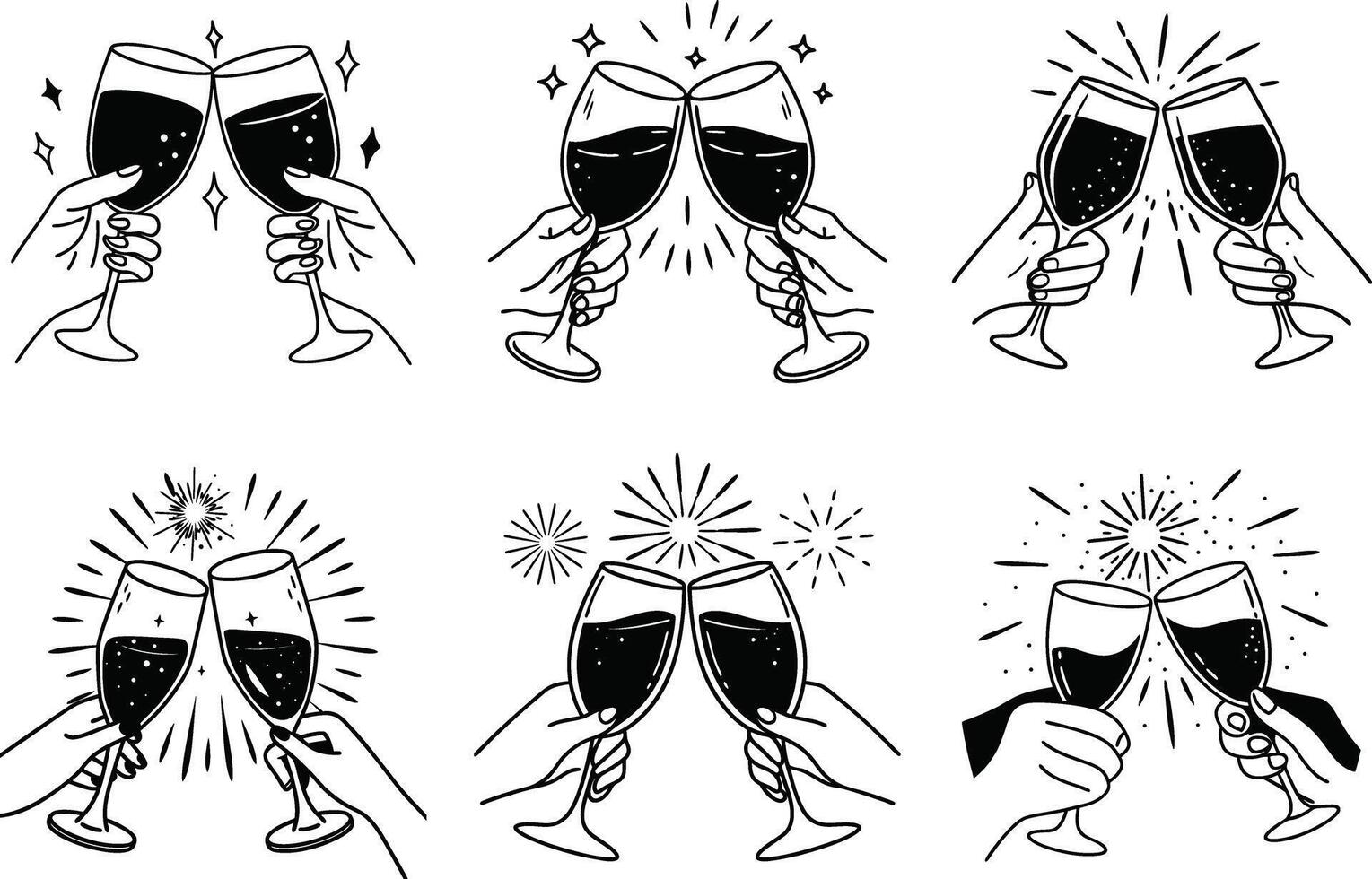 Seamless pattern of hands toasting glasses black and white celebration background vector