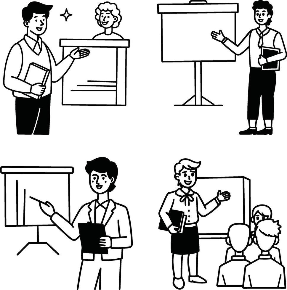 Black and white illustration of people giving presentations in different styles vector