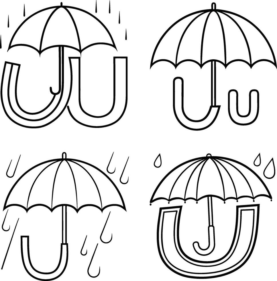 Four black and white line art illustrations combining umbrellas and the letter u vector