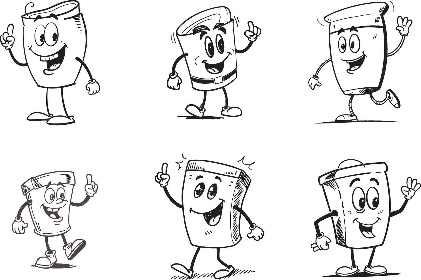 Cartoon container characters collection in black and white illustration vector