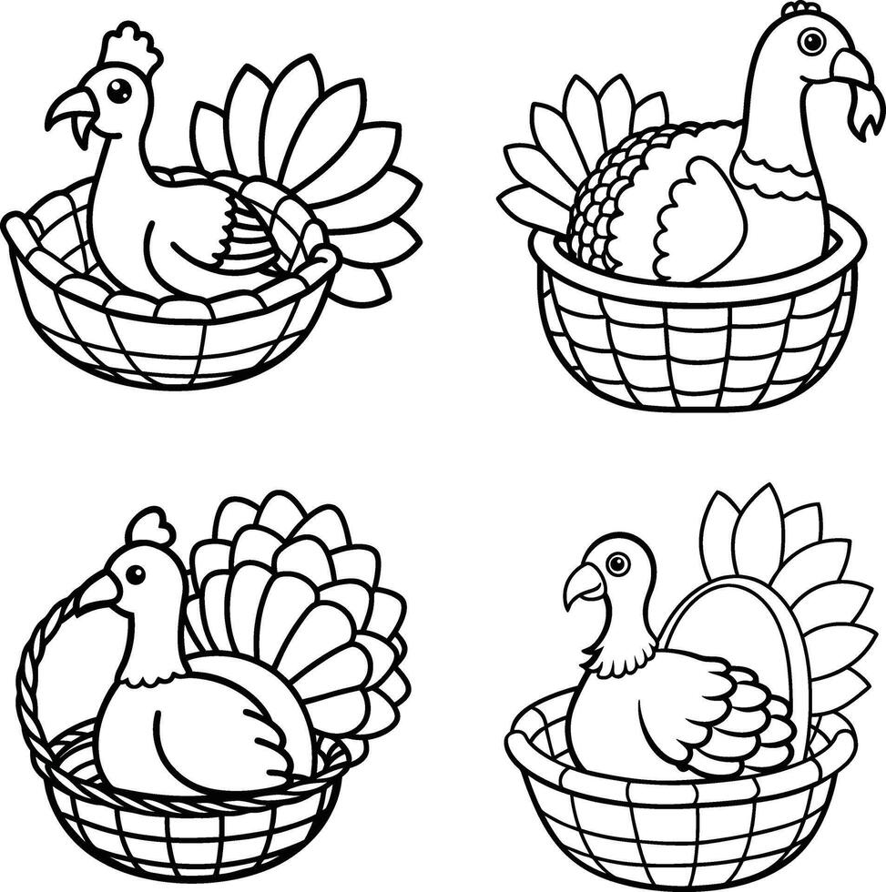 Thanksgiving outline illustration of turkeys in baskets design elements vector
