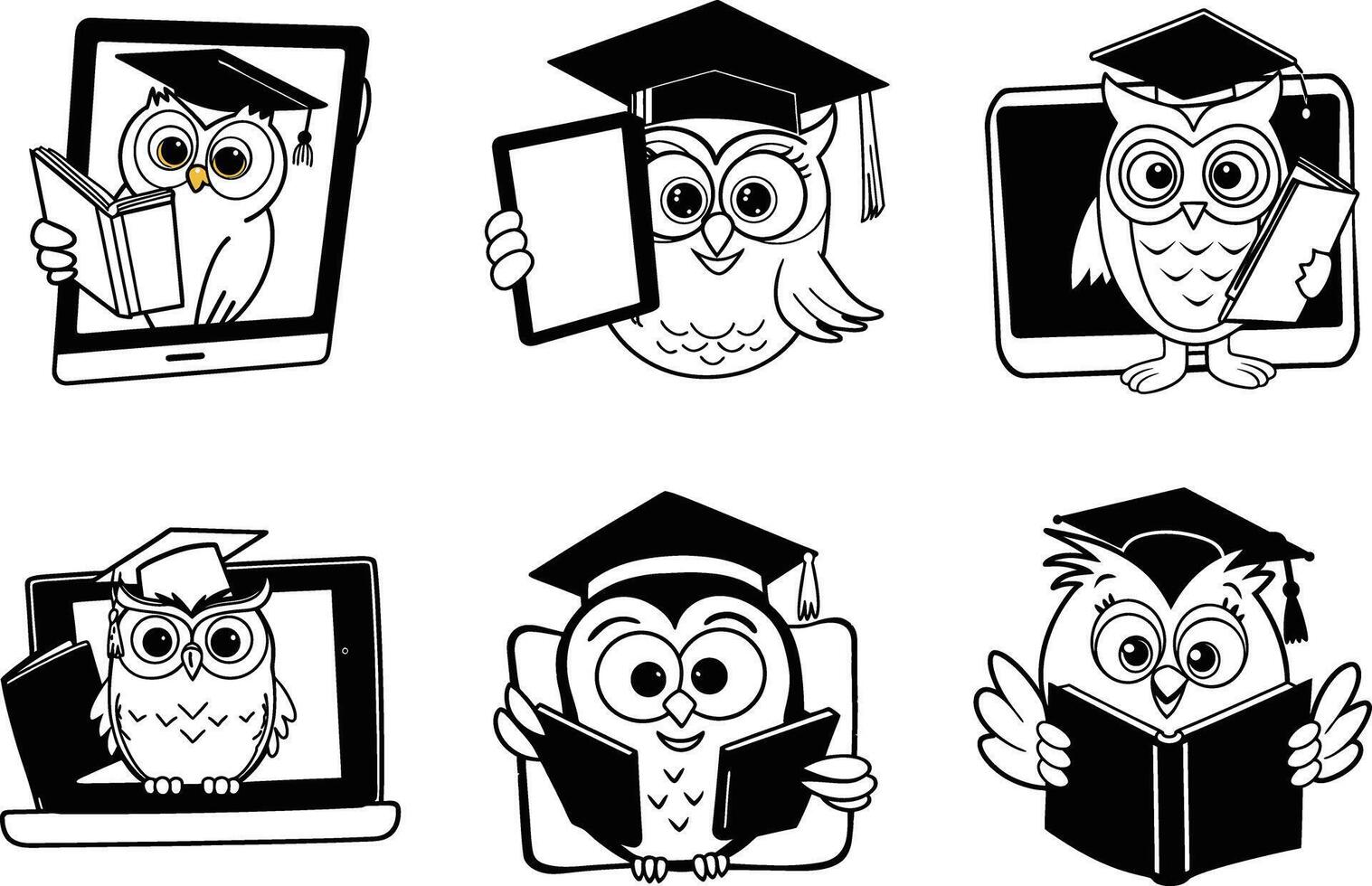 Cartoon owl students in graduation caps reading books and using tablets illustration vector