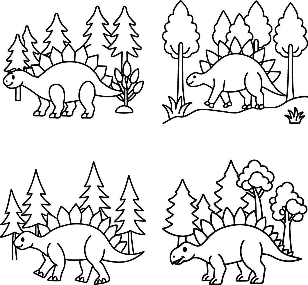 Stegosaurus outlines in forest scenes cartoon style illustrations set vector