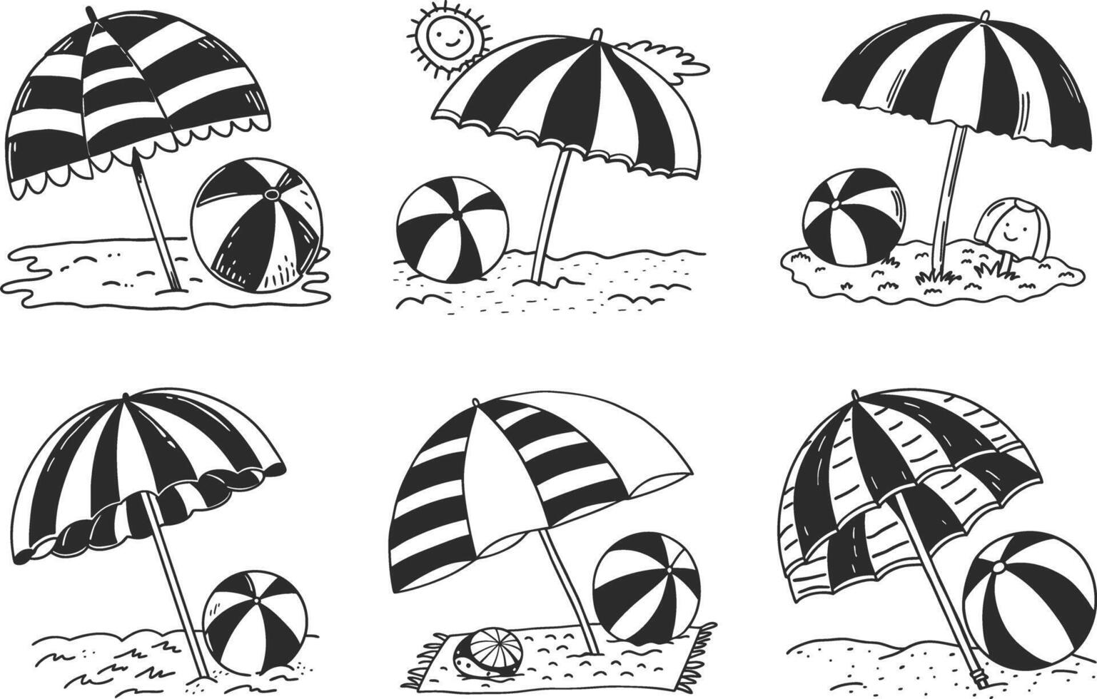 Beach summer illustration with umbrella ball sun and doodle style vector