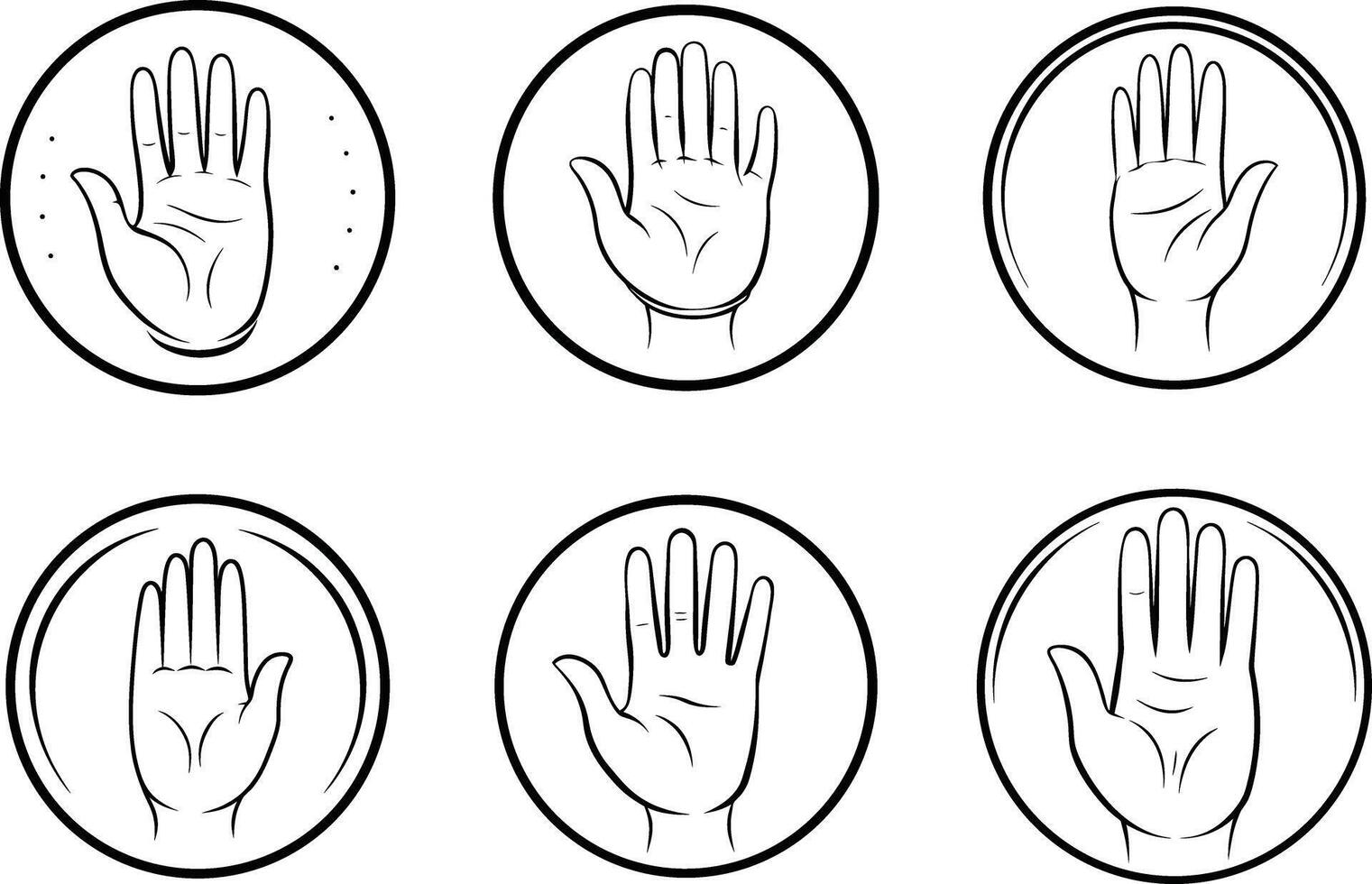 Black and white outlined hand icons in circular frames graphic vector