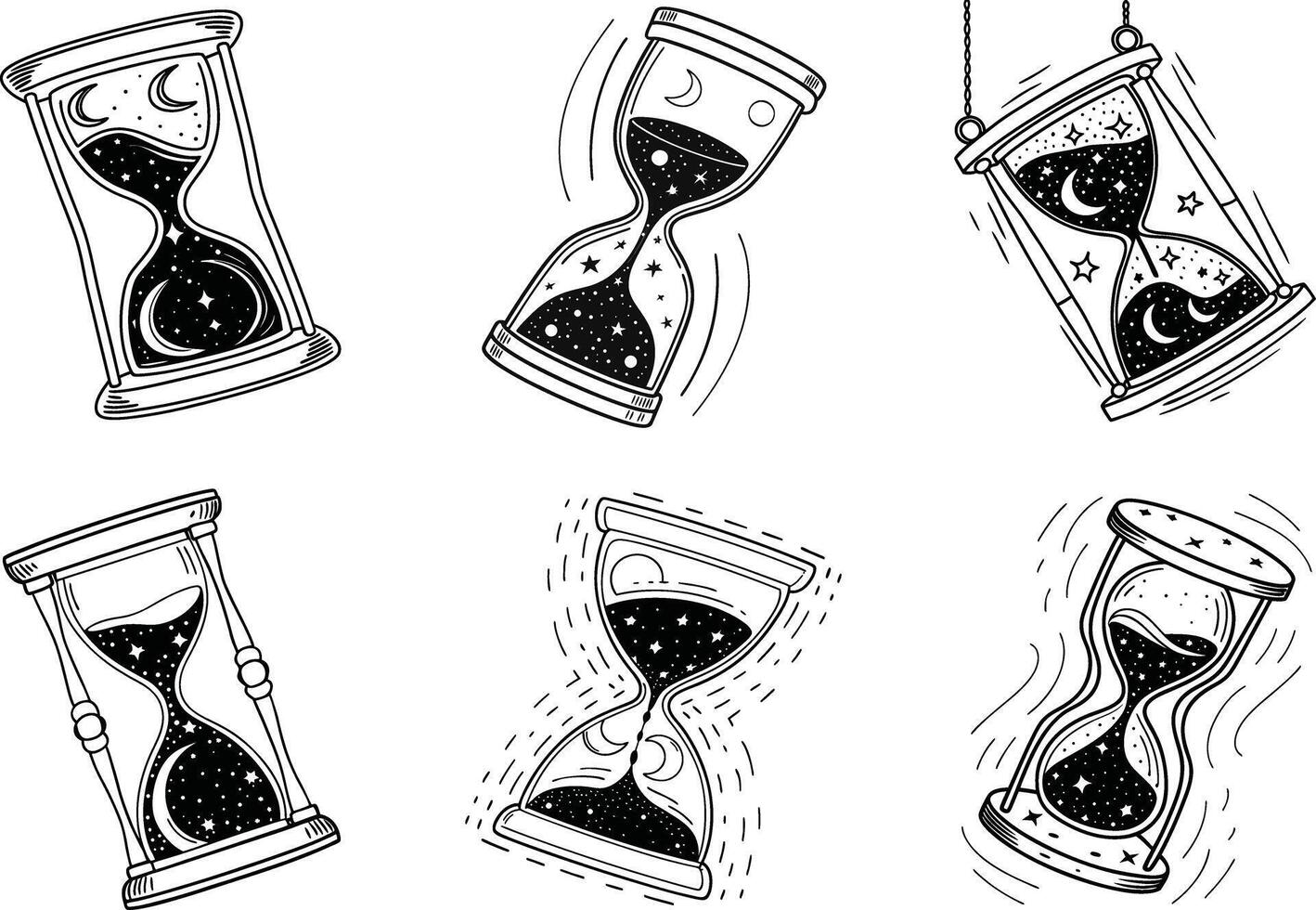 Six hourglass illustrations with celestial motifs in black and white vector