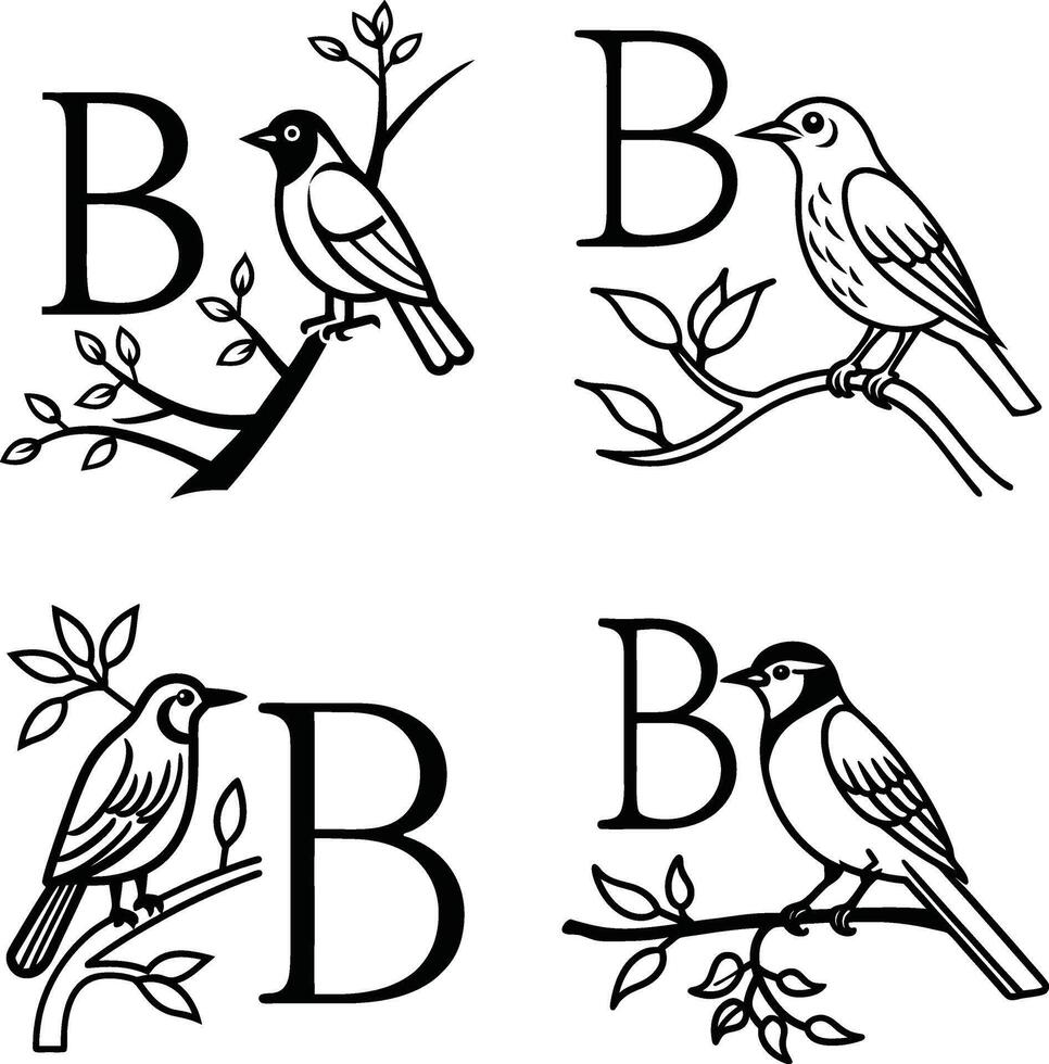 Four birds perched on branches next to the letter b in black line art vector