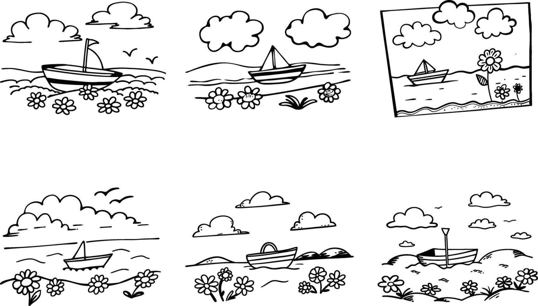Collection of hand drawn summer scenes with boats clouds and flowers outline vector
