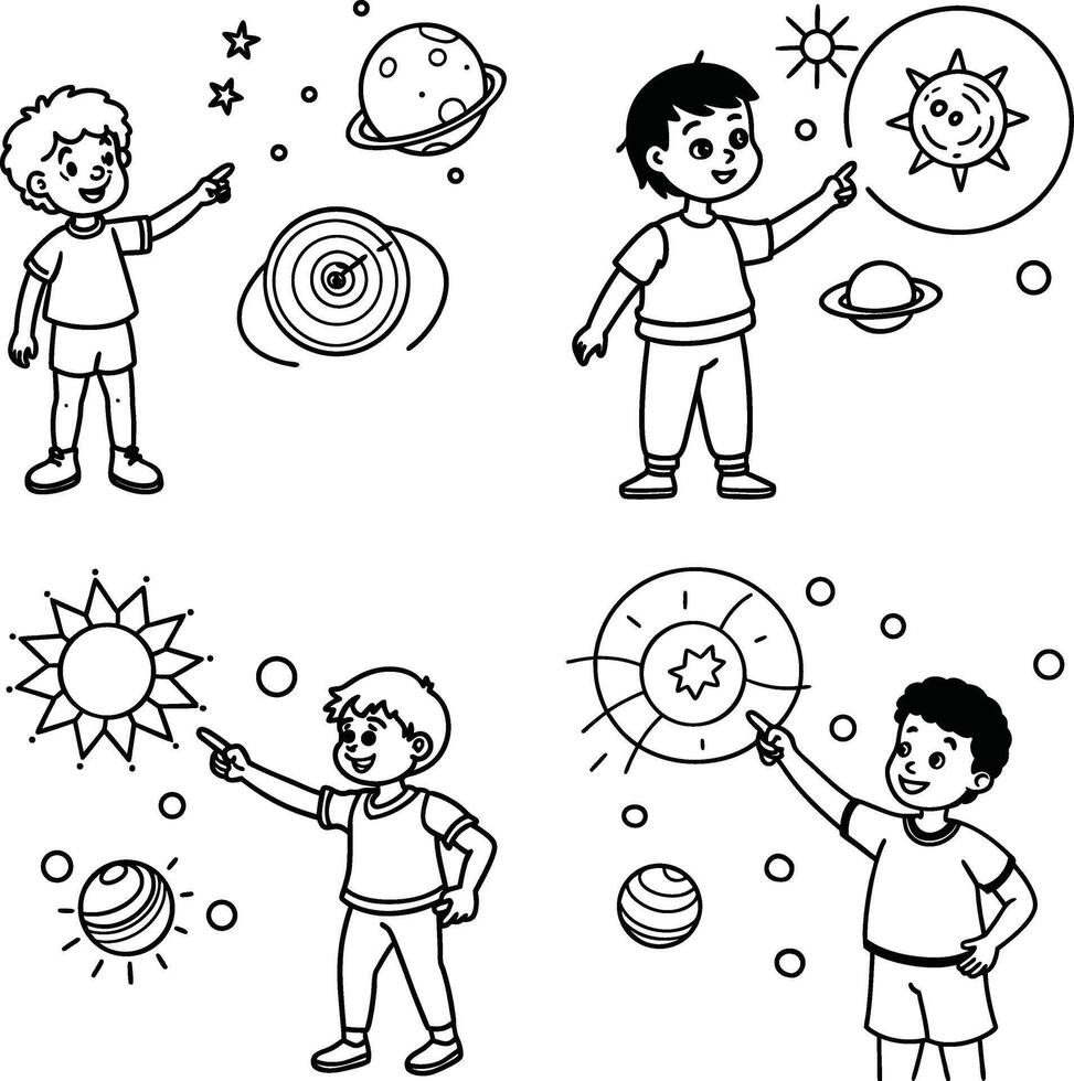 Boys pointing at planets solar system educational outline illustration vector
