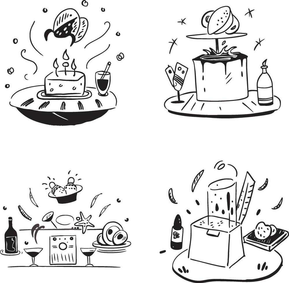Hand drawn illustrations depicting food drink celebrations and parties black and white vector