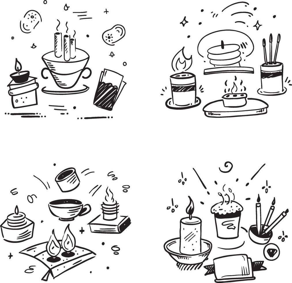 Black and white doodle sketch of candles burning in various arrangements vector