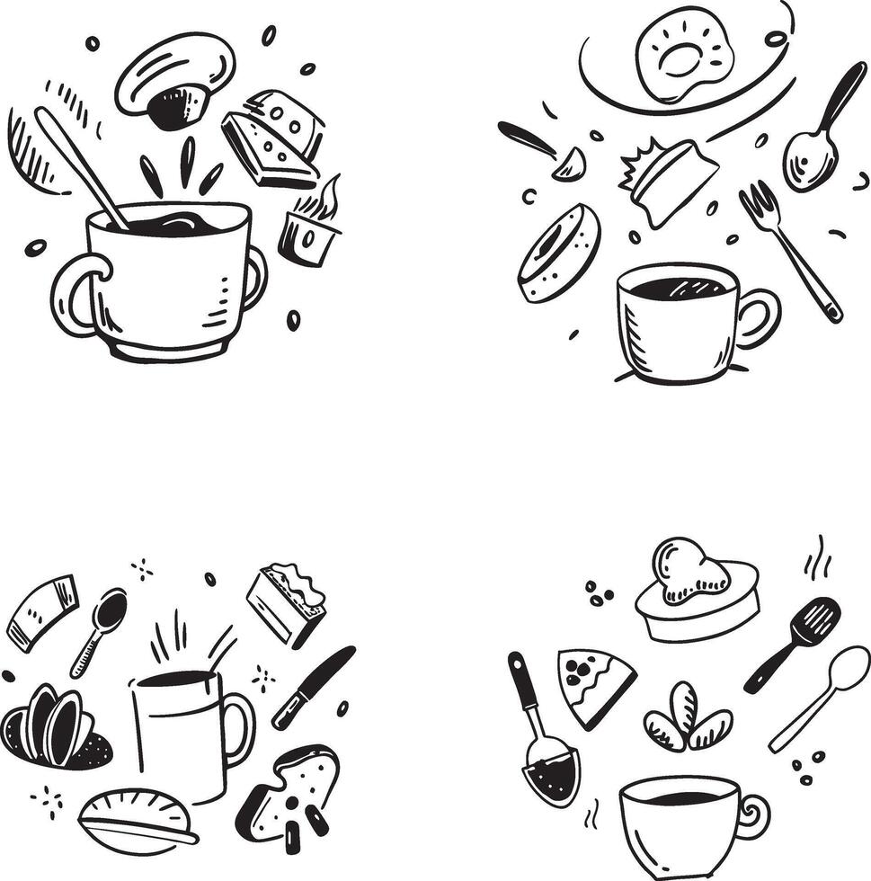 Doodle breakfast set black and white sketch collection with coffee and desserts vector