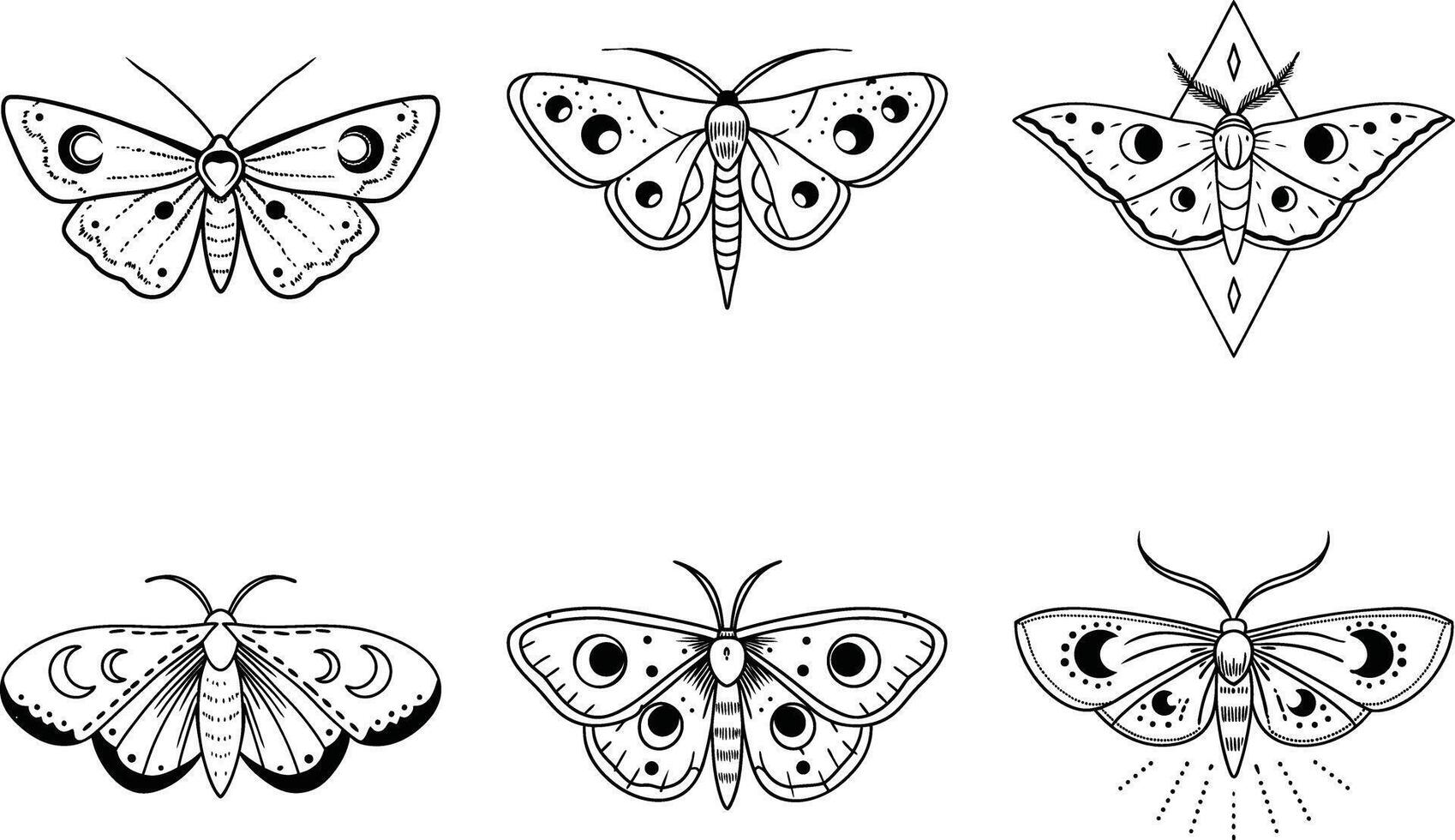 Collection of mystical moths with moon phases in black outline illustration vector