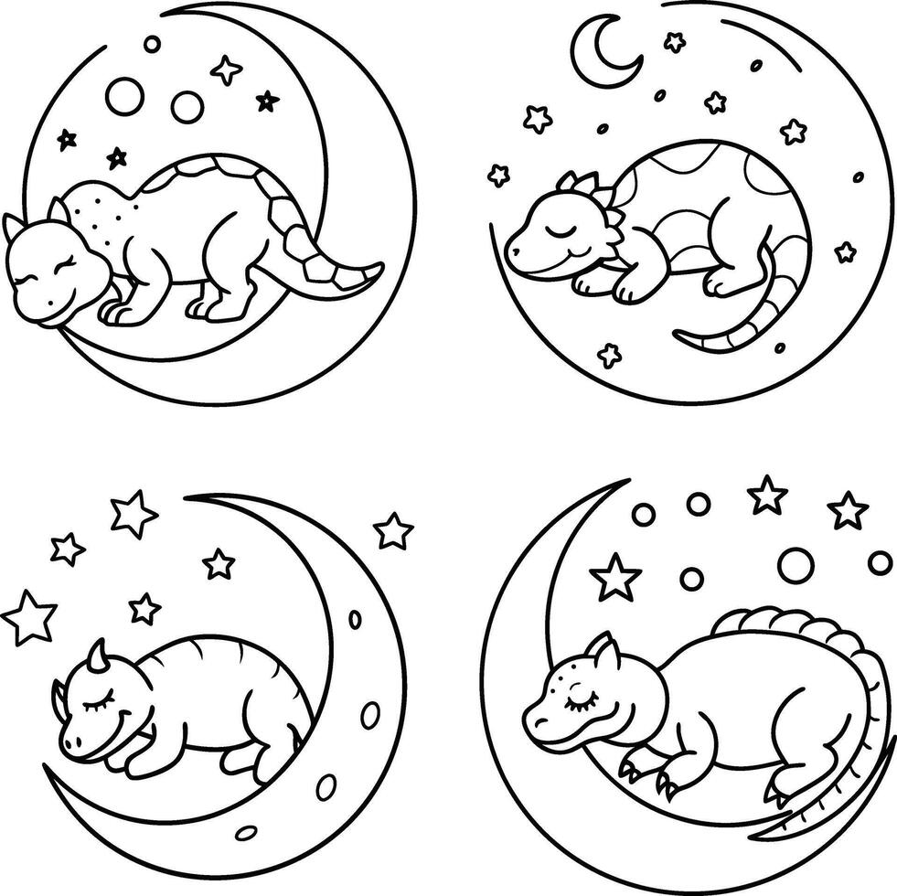 Cute cartoon dinosaurs sleeping on crescent moons line art illustrations vector
