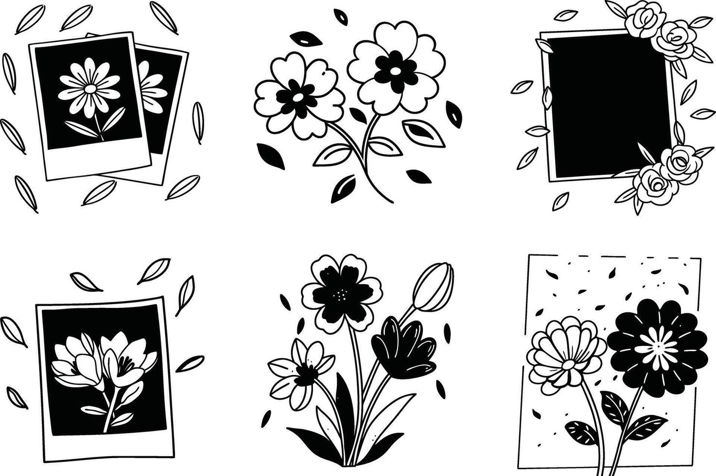 Floral doodles and frame outlines black and white line art illustrations vector