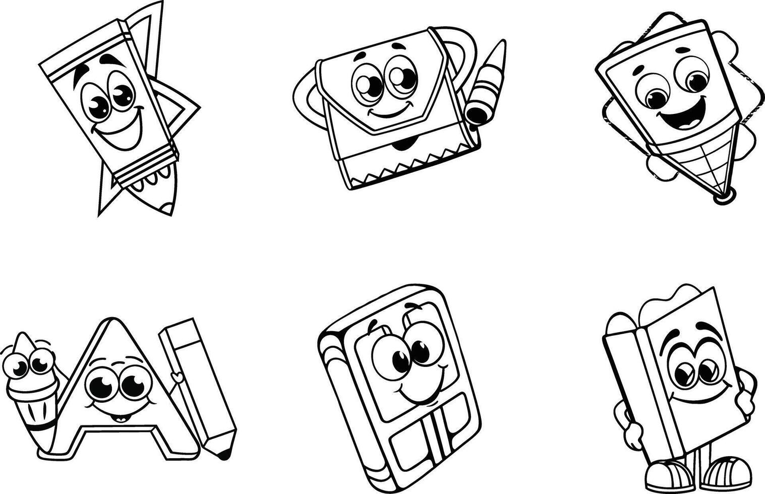 Outlined cartoon school supplies set for coloring pages or educational content vector