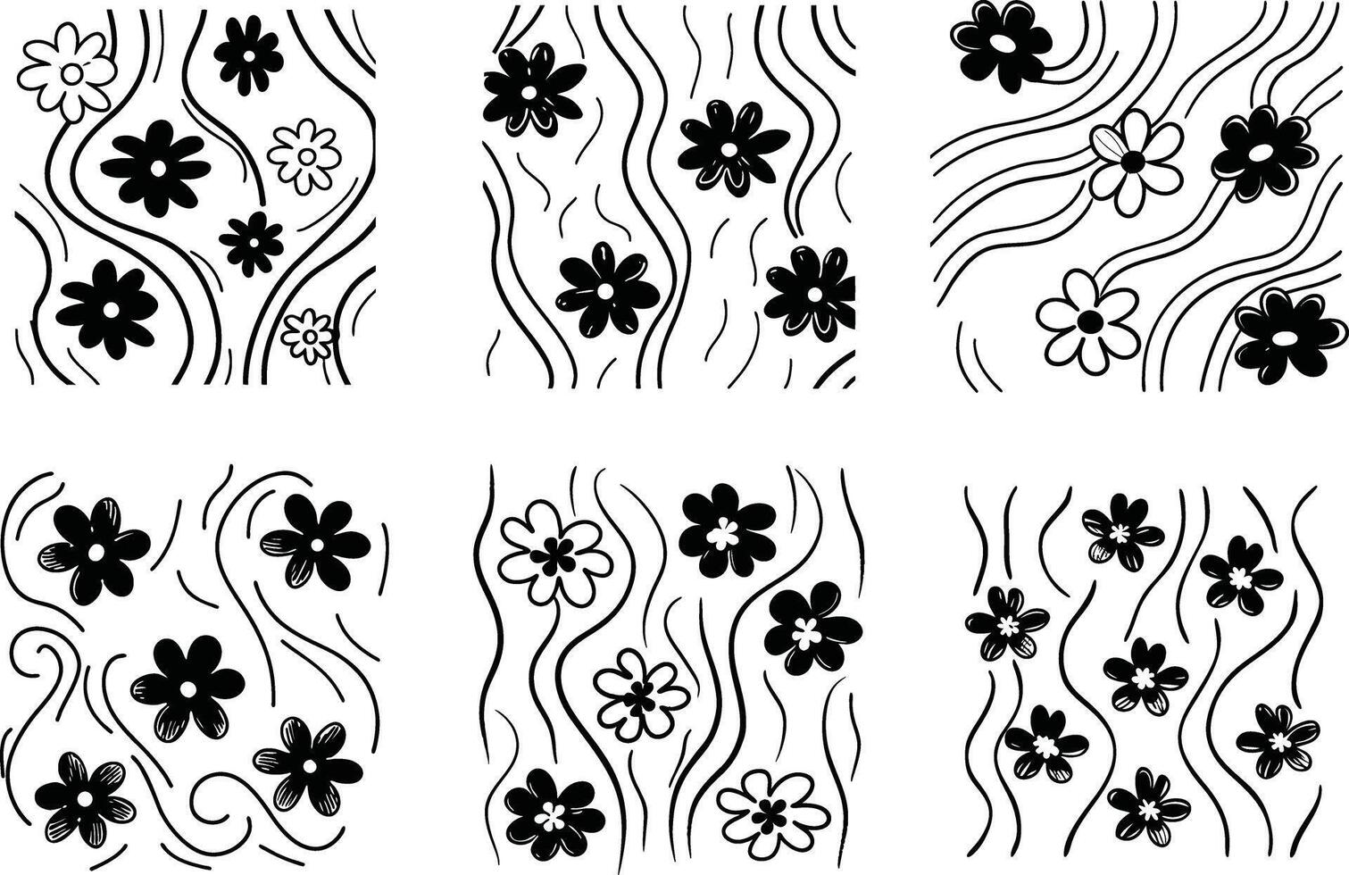 Floral pattern collection black and white doodle style flowers and wavy lines vector