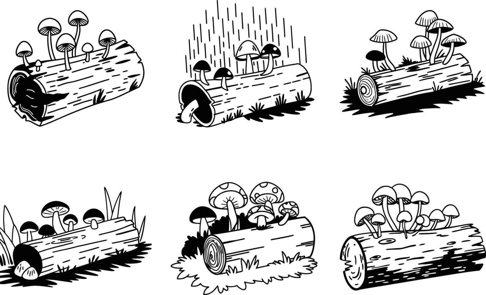 Monochrome illustration of mushrooms growing on logs forest fungi set vector