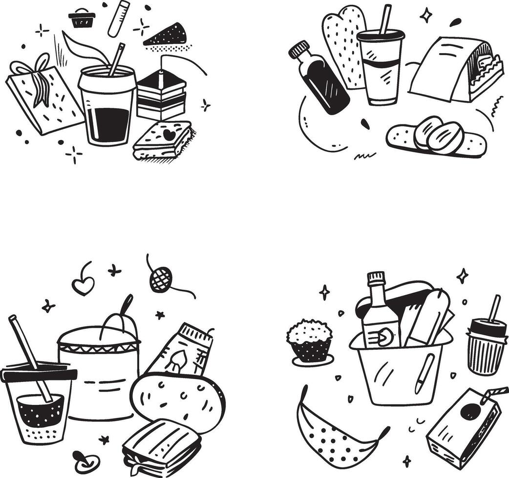 Hand drawn doodle illustration of food and drinks white background design vector