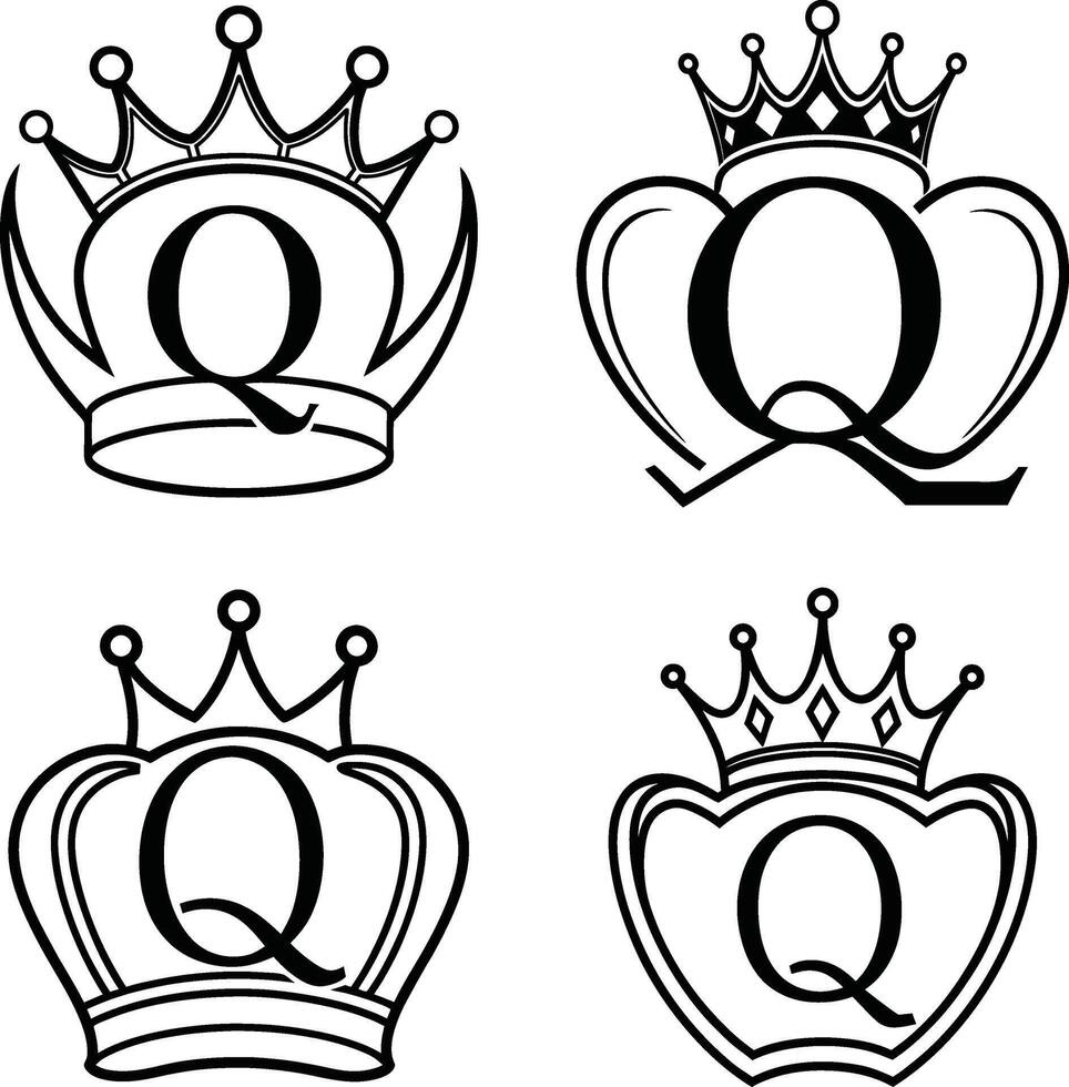 Set of queen initial q logo designs with crowns black and white vector
