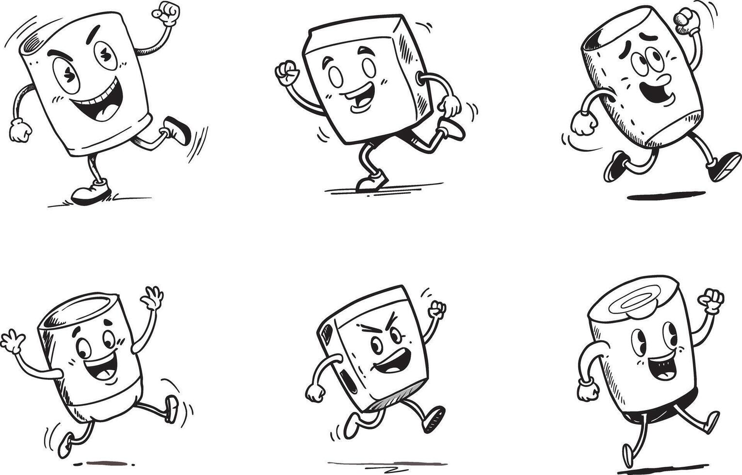 Black and white sketch style characters illustration happy cubes and cans running vector