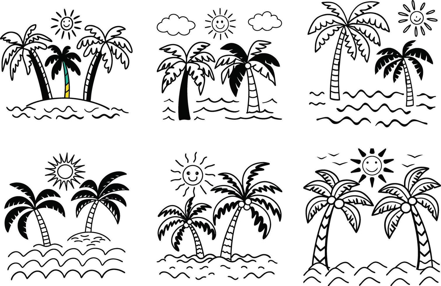 Seamless tropical pattern with palm trees sun and sea waves art vector