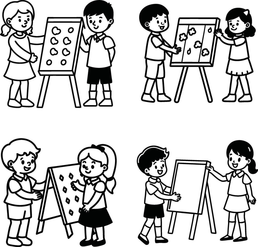 Children drawing and painting on easels in a black and white line art style vector