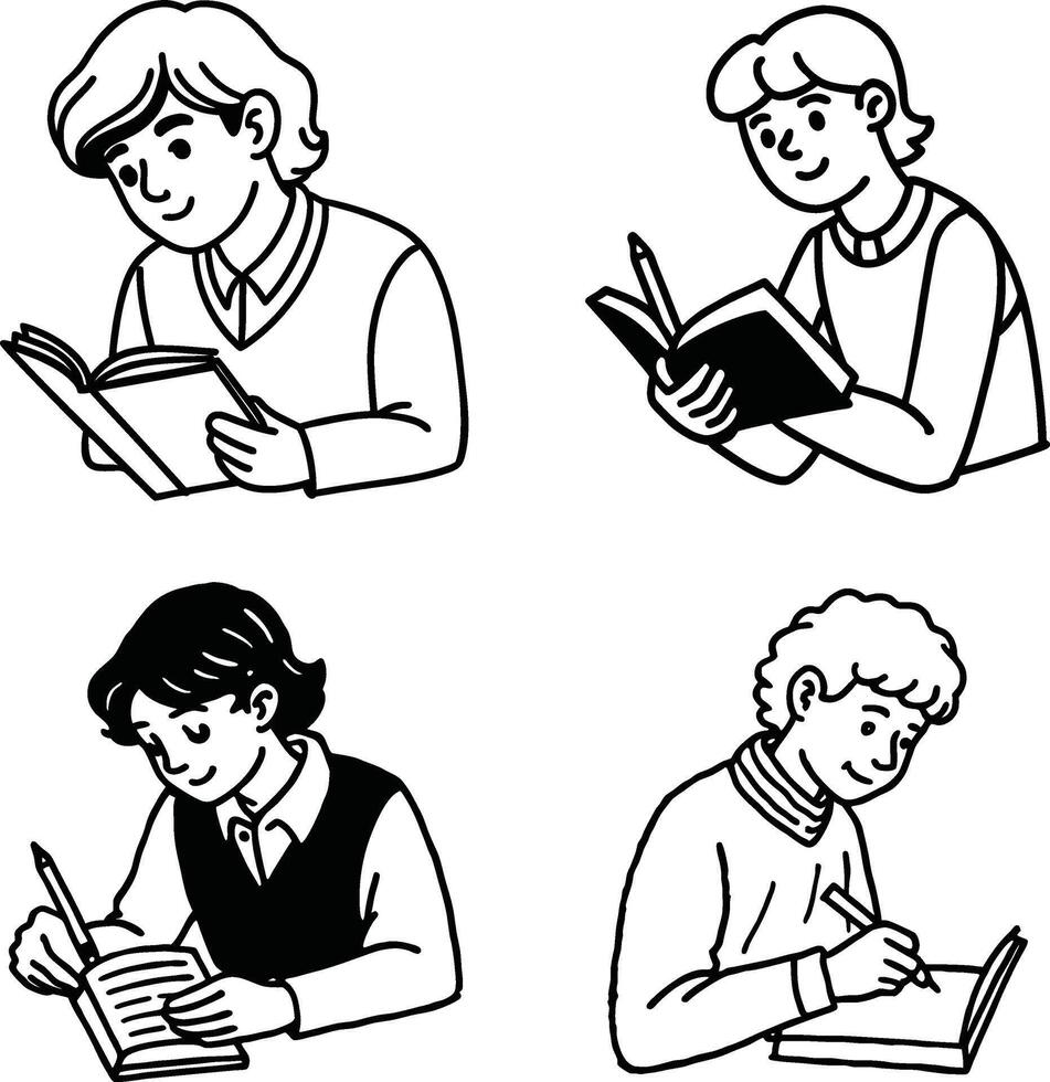Students engaged in studying reading writing and learning black and white line art vector
