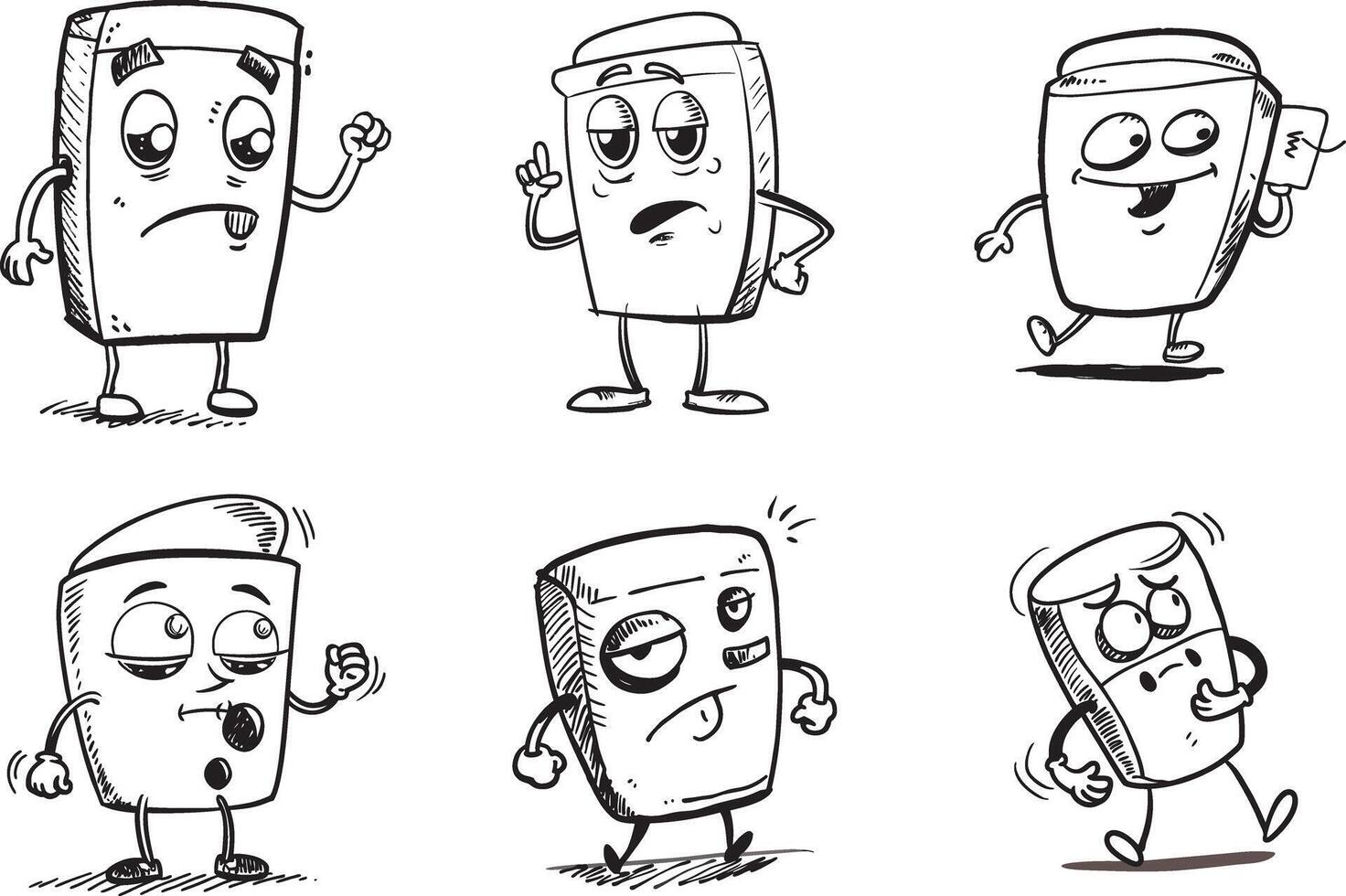 Cartoon coffee cup character set with different moods and emotions vector