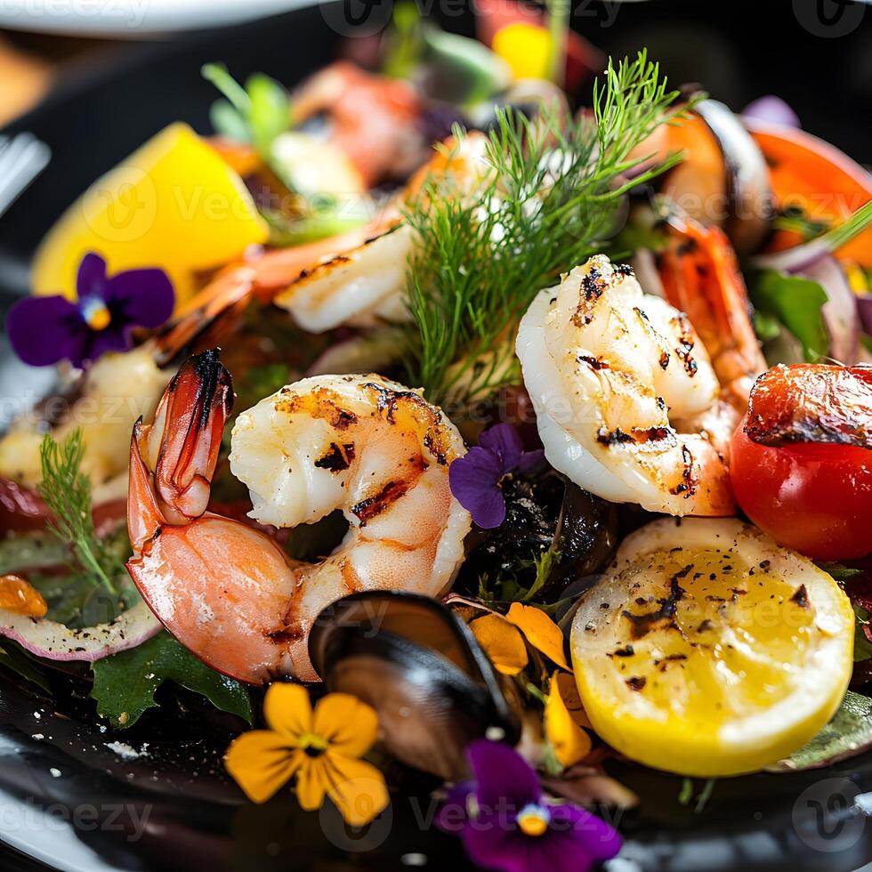 Seafood salad with shrimps, mussels, squids, tomatoes and lemon. Grilled food, edible flowers, selective focus photo