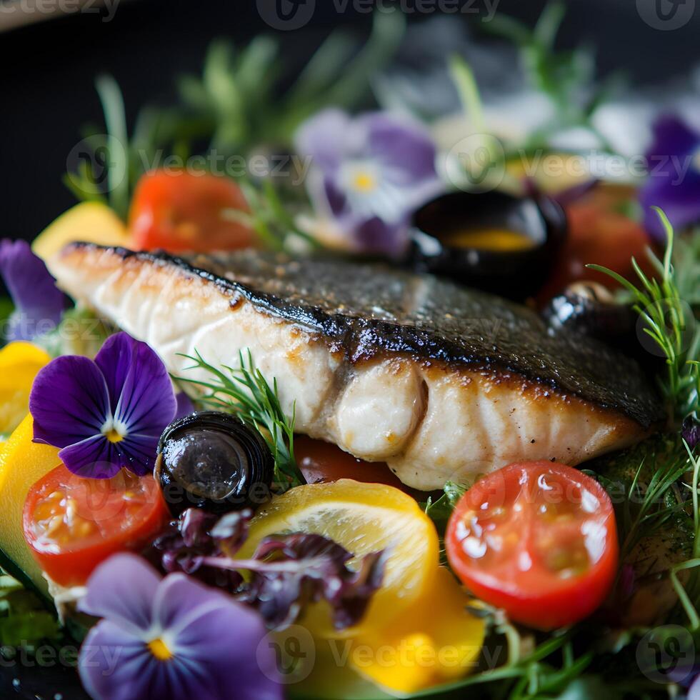Grilled salmon fillet with vegetables on a black plate closeup. photo
