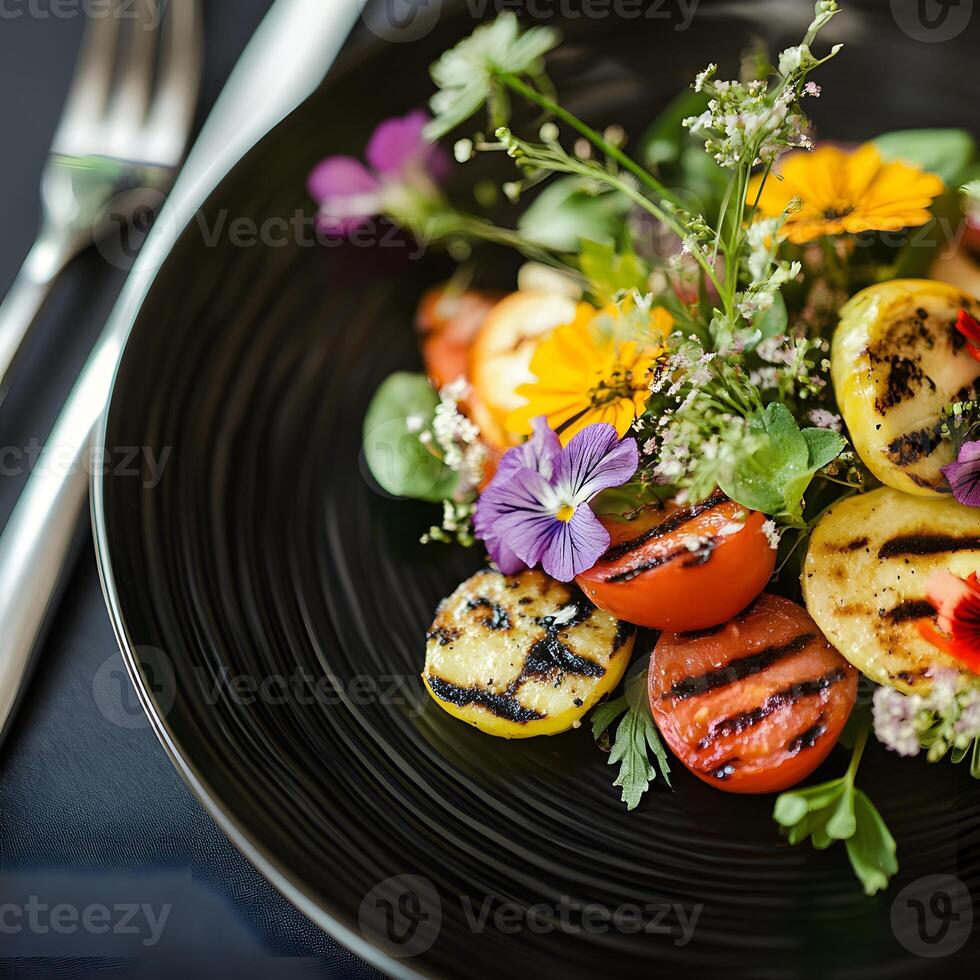 Grilled vegetables on a black plate with flowers on a black background. Grilled food. Vivid colors. Selective focus. Edible flowers photo