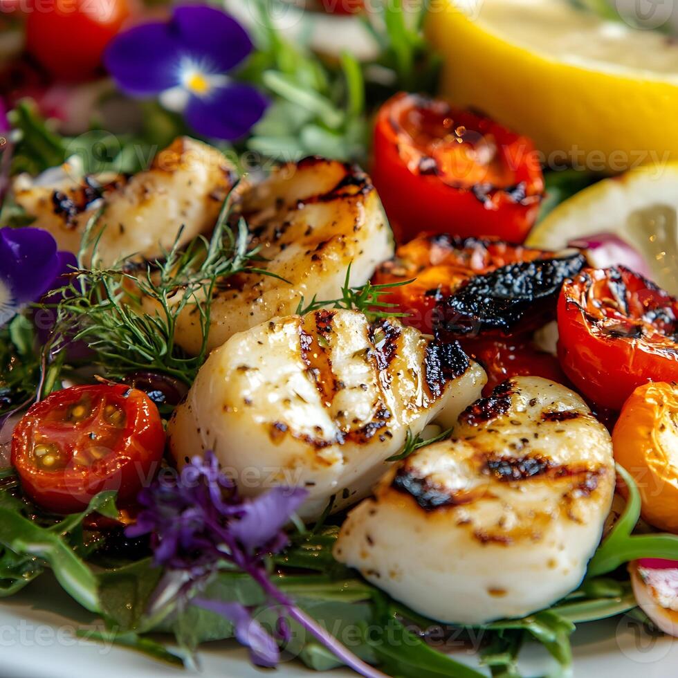 Salad with grilled scallops, tomatoes and arugula. Vivid colors, Close up, selective focus photo