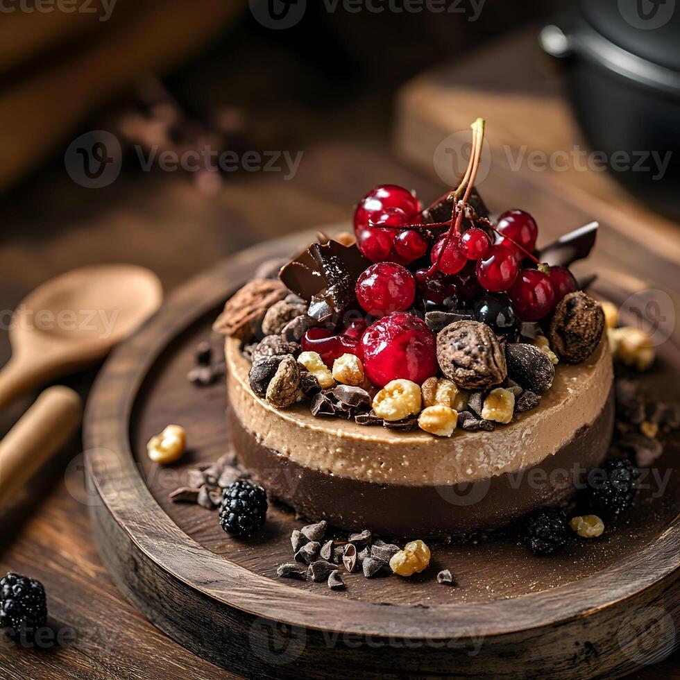Chocolate cake with berries and nuts on a wooden background. Toned. selective focus photo