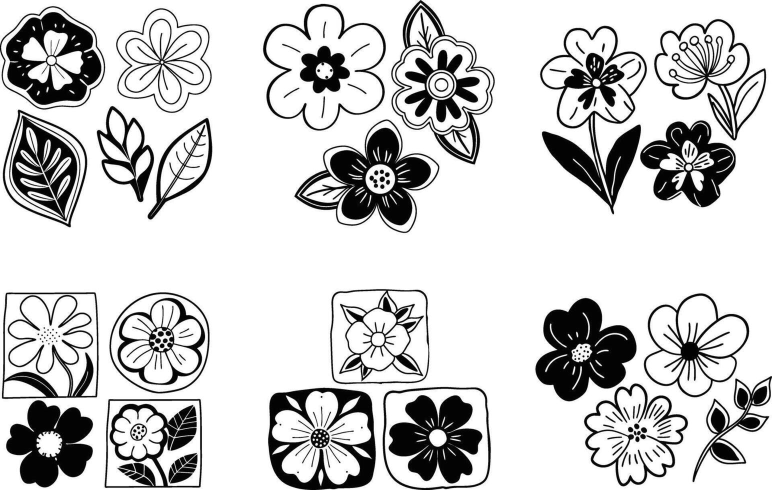 Floral set with black and white flowers and leaves outline vector