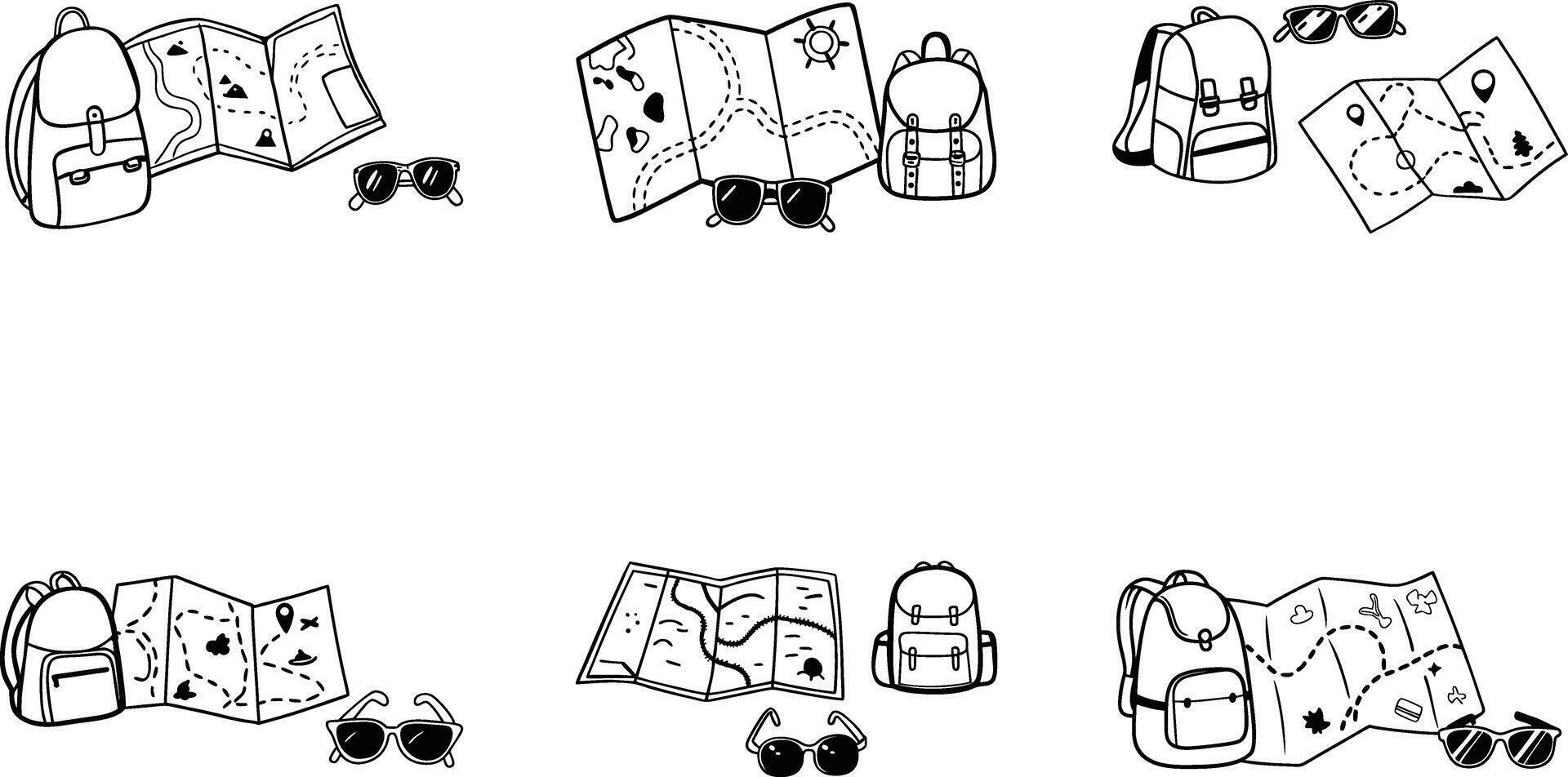 Outlined illustration of backpacks maps and sunglasses for adventure planning vector