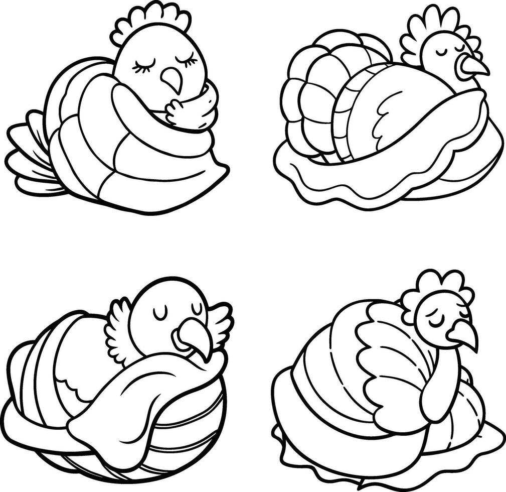 Black and white outline illustration of hens brooding or resting on a nest vector