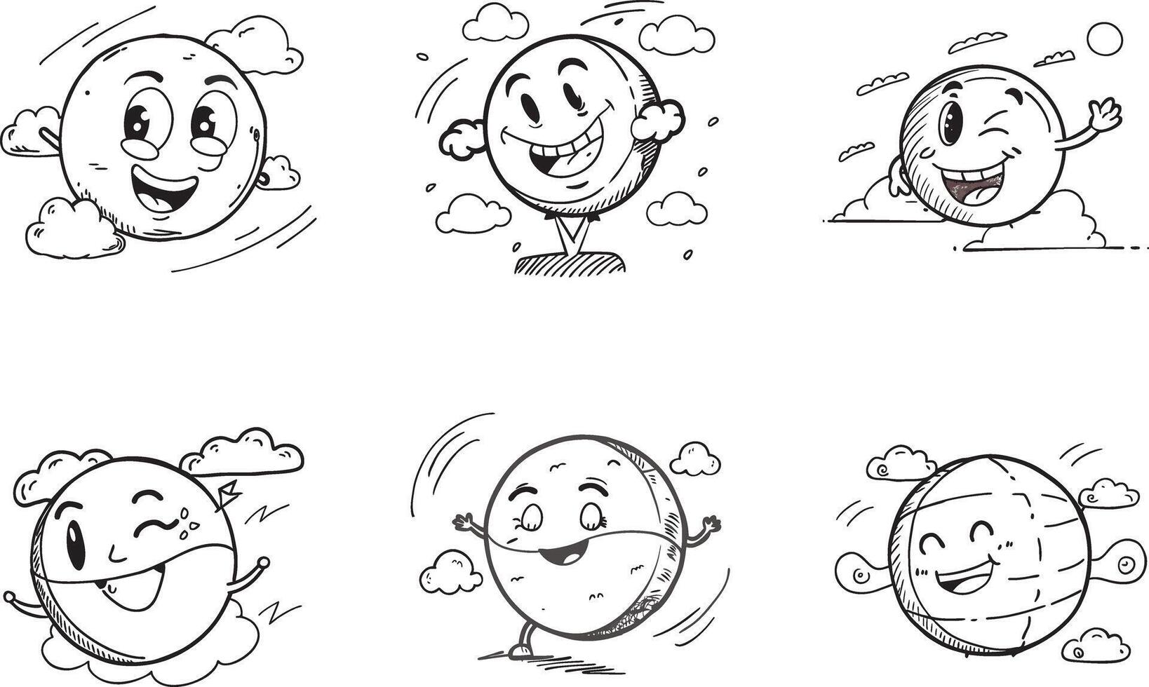 Hand drawn cartoon globe characters with clouds in different poses set vector